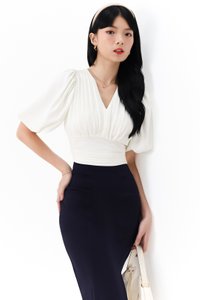 DEFECT | Caelie Chiffon Puffy Sleeve Top in White in XS