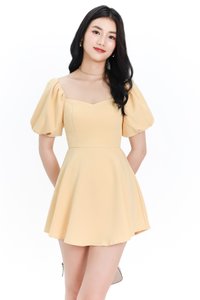 Penelope Puffy Sleeve Romper Dress in Canary Yellow