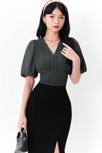 Caelie Chiffon Puffy Sleeve Top in Muted Forest