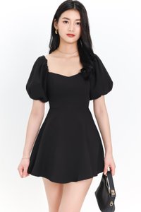 Penelope Puffy Sleeve Romper Dress in Black Penelope Puffy Sleeve Romper Dress in Black