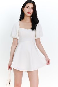 Penelope Puffy Sleeve Romper Dress in White