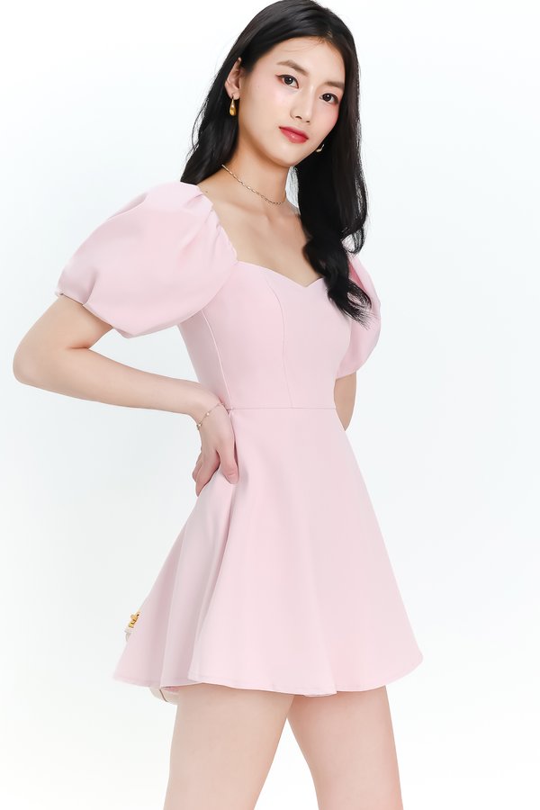 DEFECT | Penelope Puffy Sleeve Romper Dress in Light Pink in L