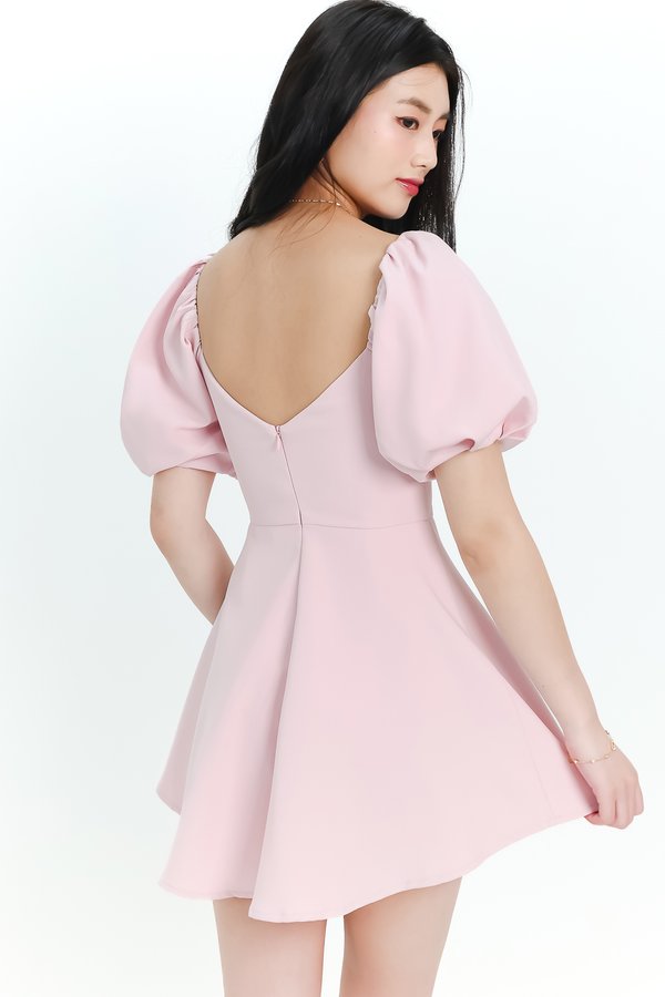 DEFECT | Penelope Puffy Sleeve Romper Dress in Light Pink in XS