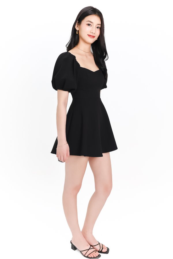 Penelope Puffy Sleeve Romper Dress in Black
