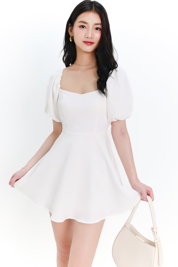 Penelope Puffy Sleeve Romper Dress in White