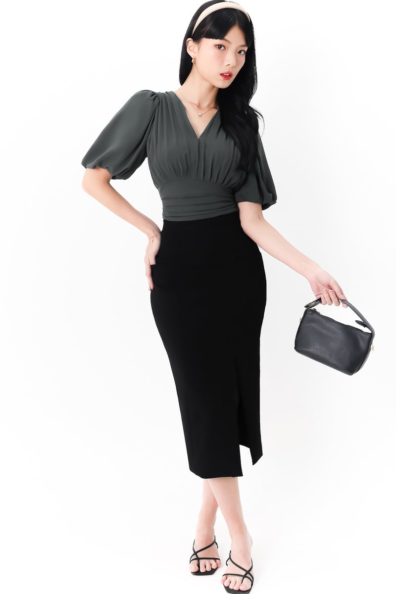 DEFECT | Caelie Chiffon Puffy Sleeve Top in Muted Forest in M