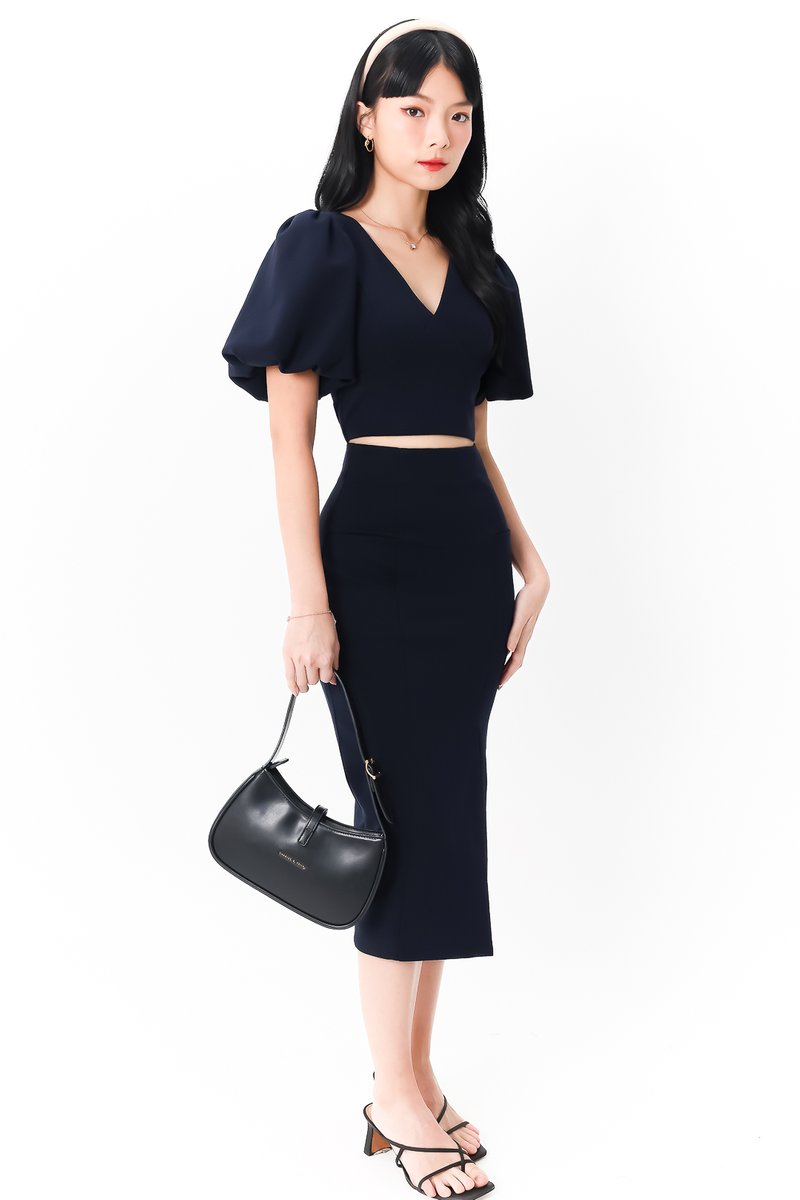 Celeste Co-ord Puffy Sleeve Top in Midnight Blue