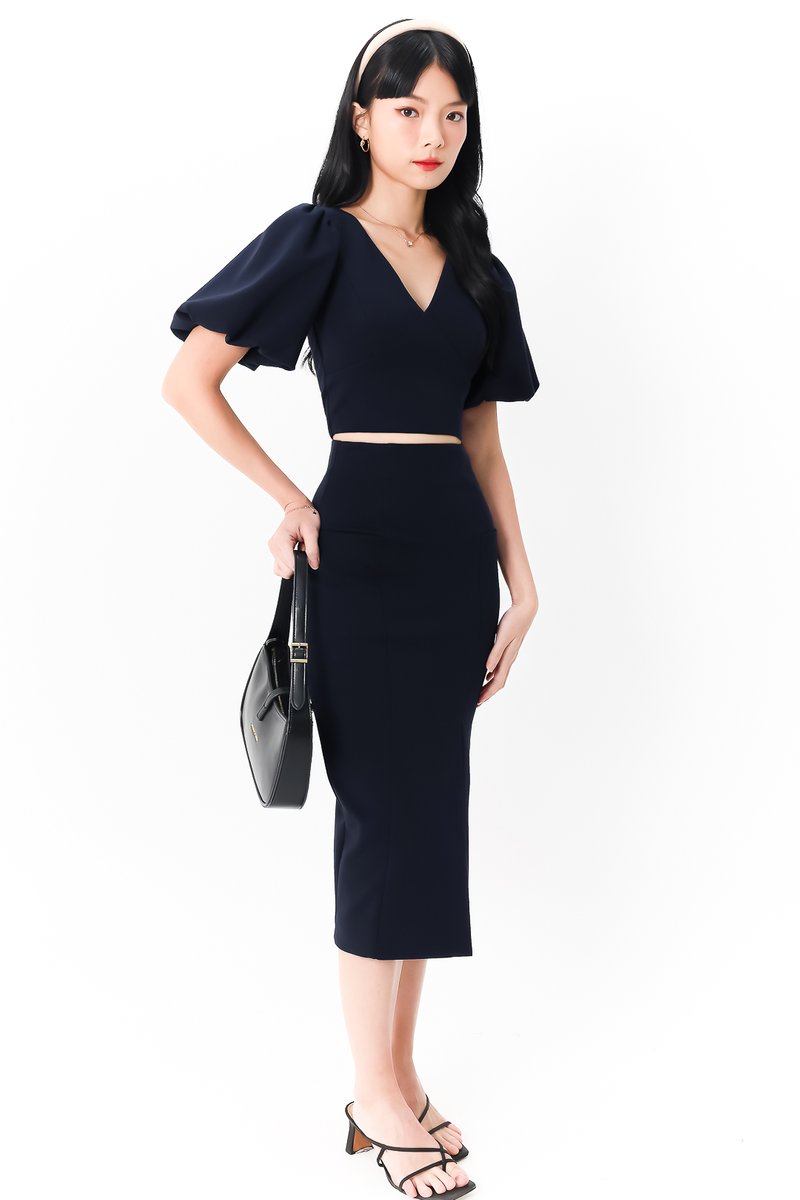 Celeste Co-ord Puffy Sleeve Top in Midnight Blue