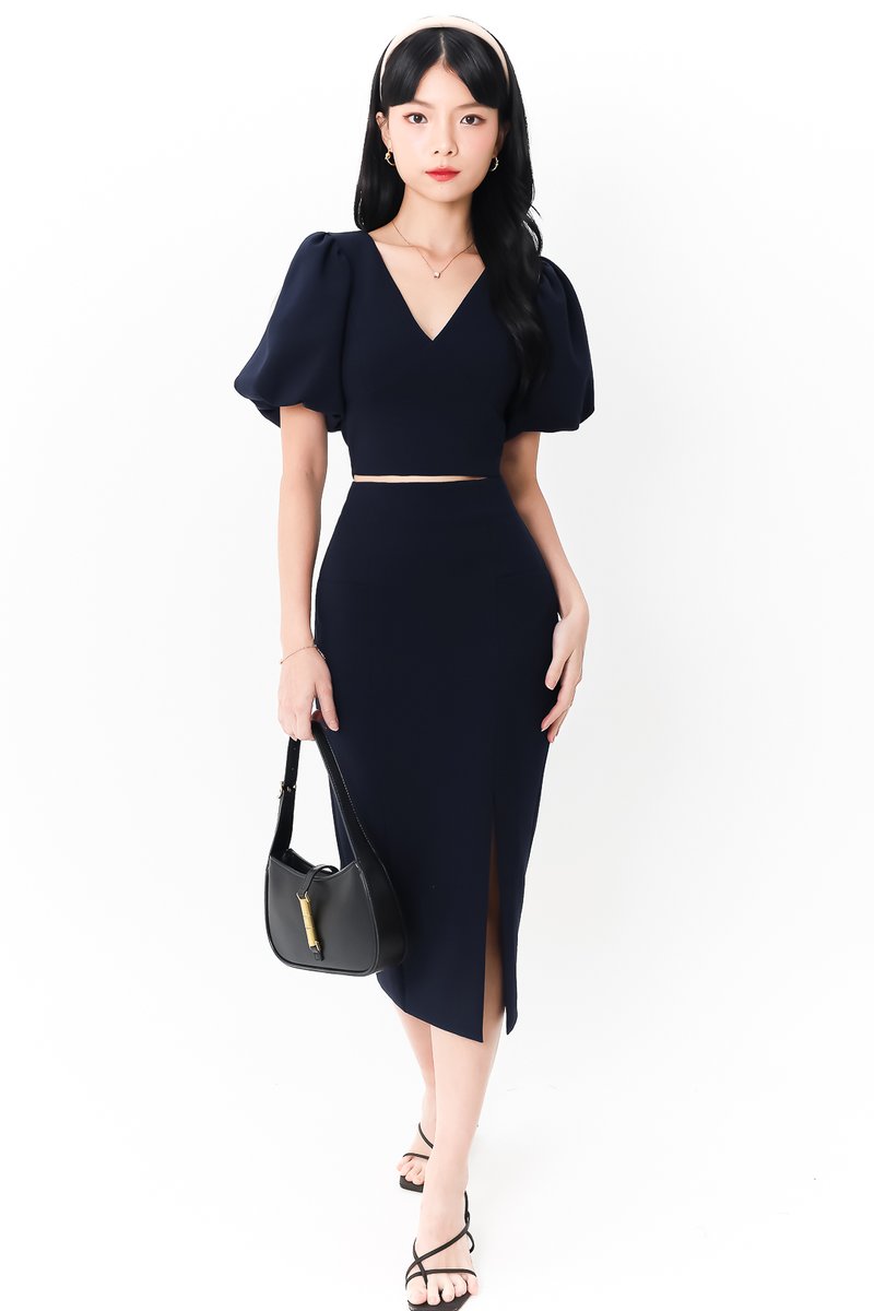 Celeste Co-ord Slit Midi Skirt in Midnight Blue Celeste Co-ord Slit Midi Skirt in Midnight Blue