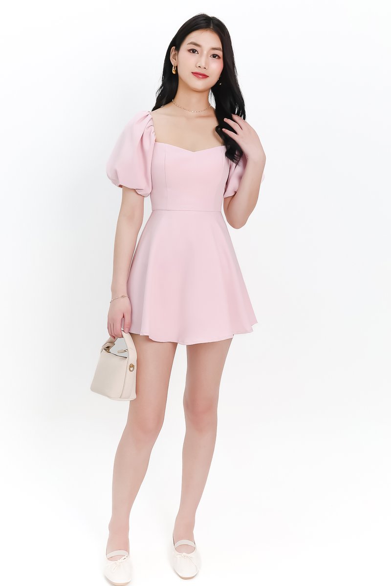 Penelope Puffy Sleeve Romper Dress in Light Pink Penelope Puffy Sleeve Romper Dress in Light Pink
