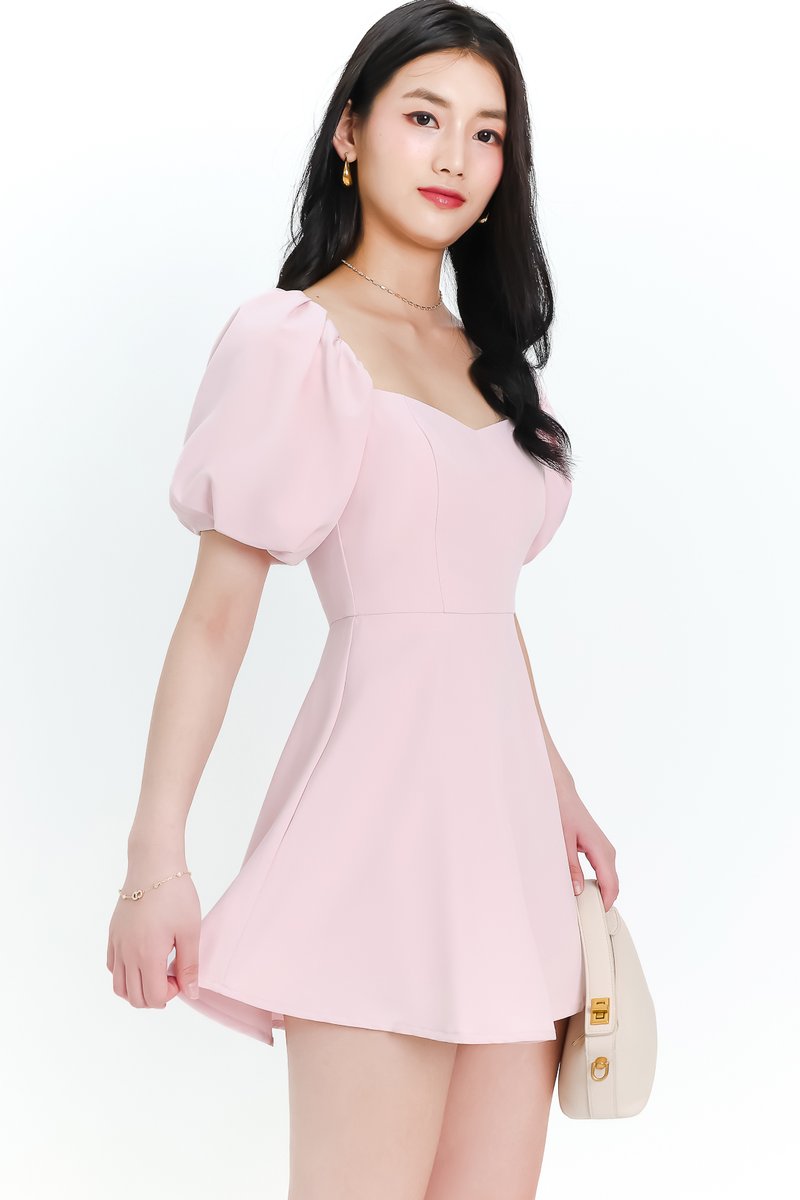 Penelope Puffy Sleeve Romper Dress in Light Pink Penelope Puffy Sleeve Romper Dress in Light Pink