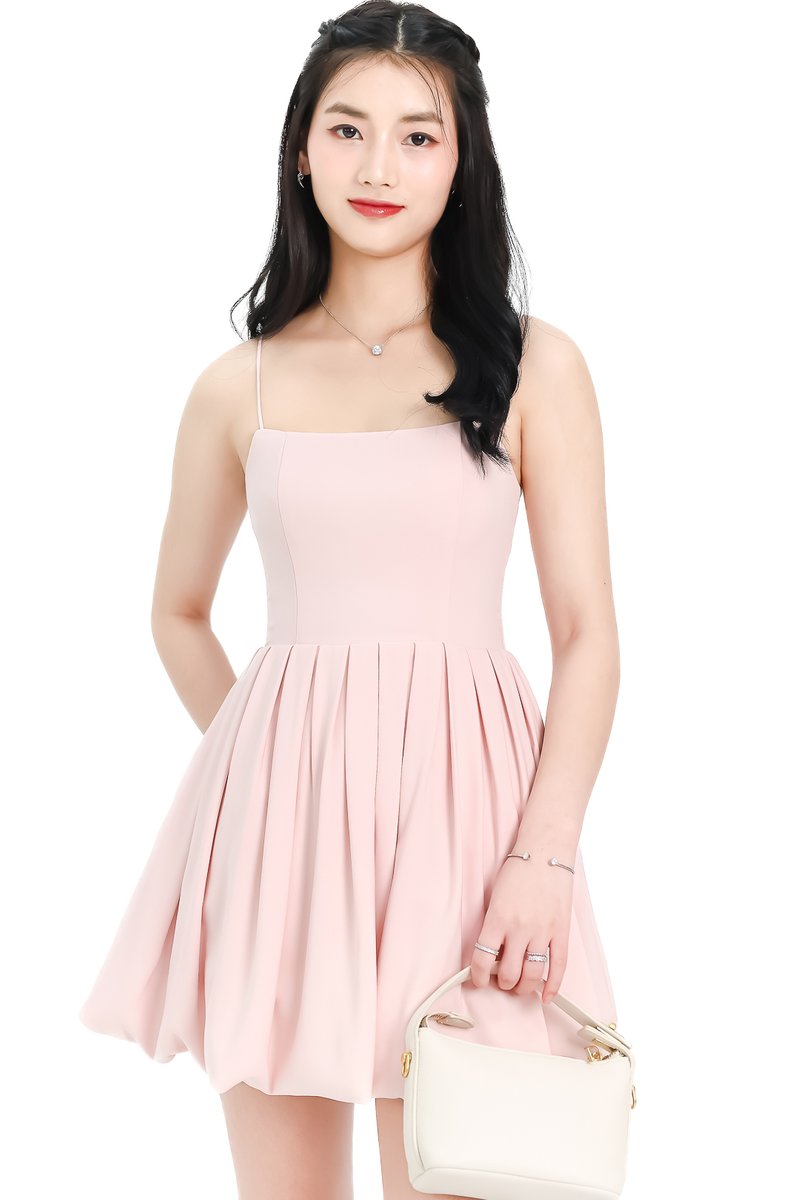 DEFECT | Pristy Pleat Bubble Hem Romper Dress in Pastel Pink in XXS