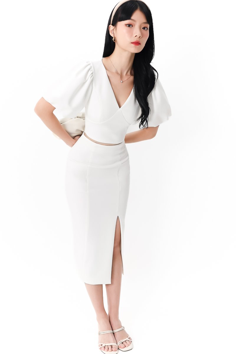 DEFECT | Celeste Co-ord Slit Midi Skirt in White in XS