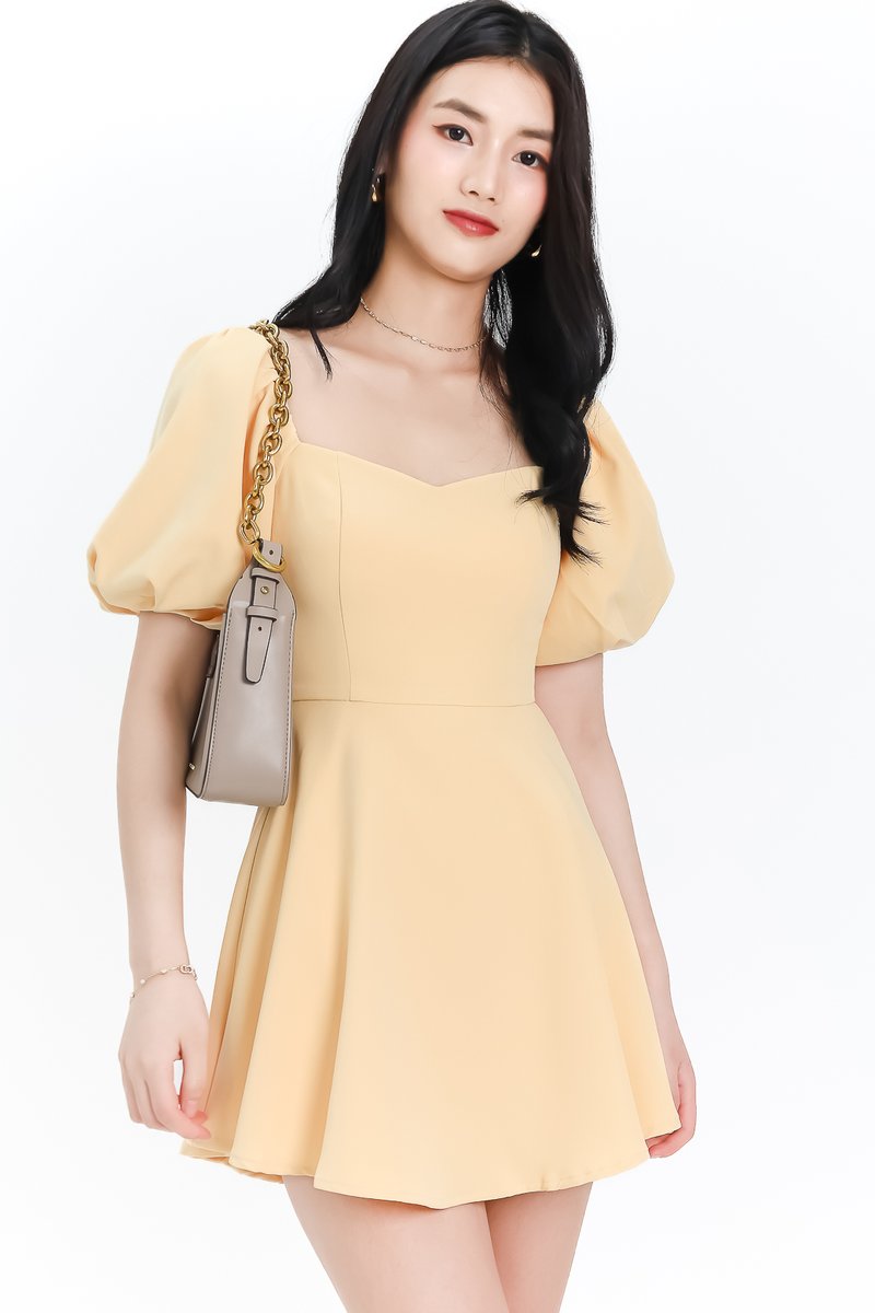 DEFECT | Penelope Puffy Sleeve Romper Dress in Canary Yellow in XL