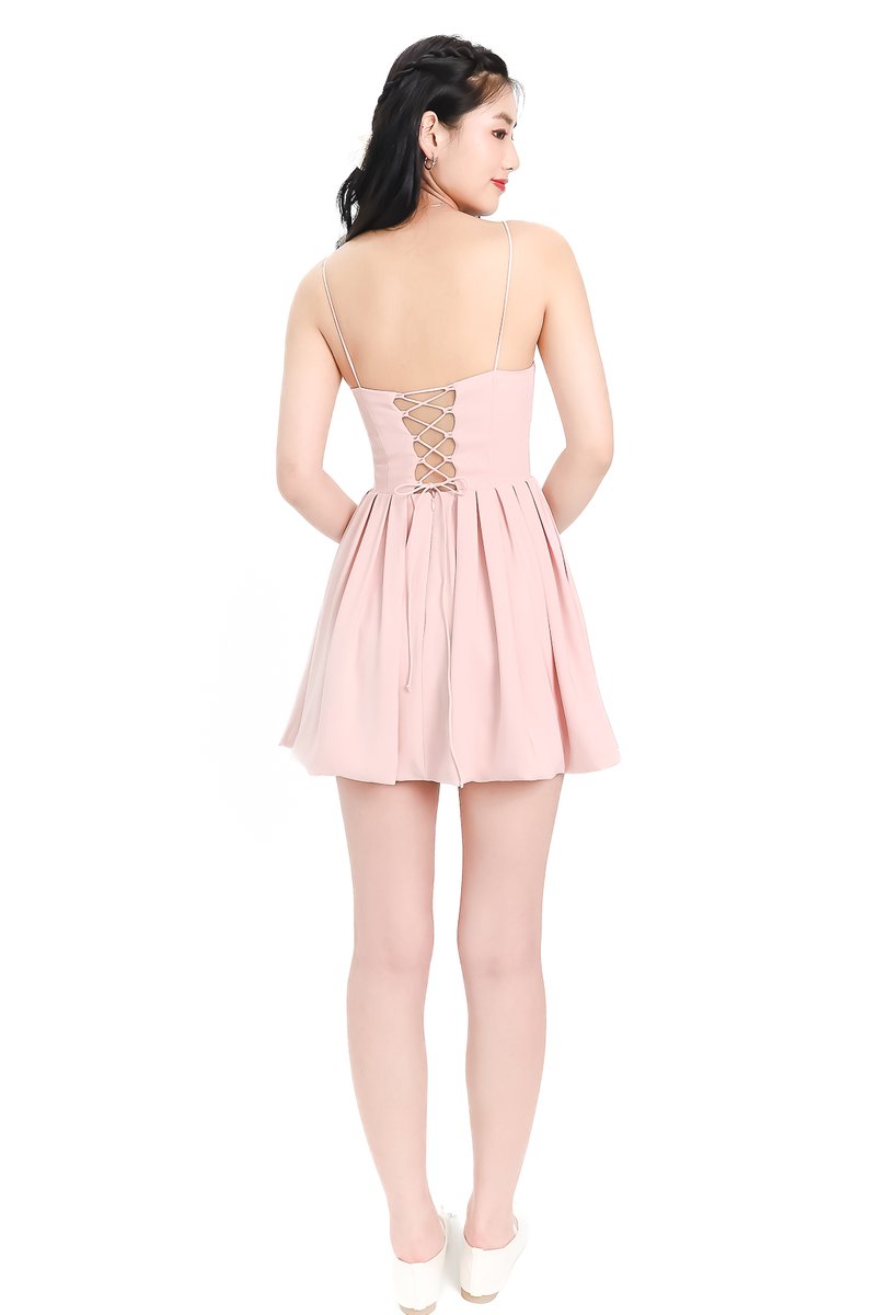 DEFECT | Pristy Pleat Bubble Hem Romper Dress in Pastel Pink in XXS
