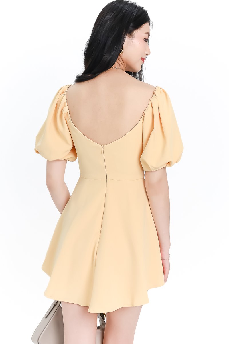 DEFECT | Penelope Puffy Sleeve Romper Dress in Canary Yellow in XL