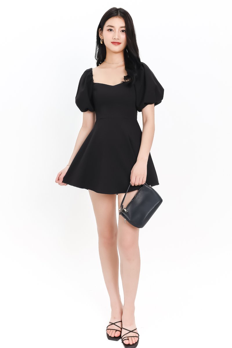 Penelope Puffy Sleeve Romper Dress in Black