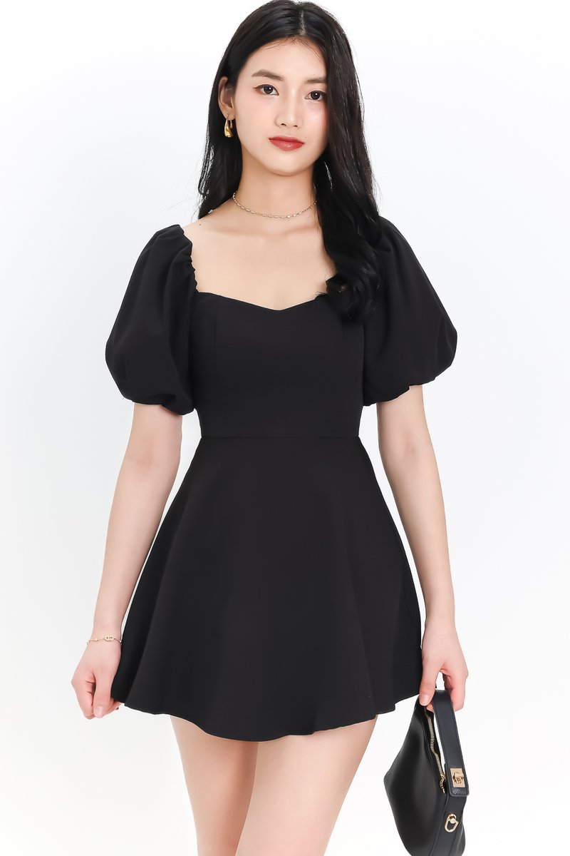 Penelope Puffy Sleeve Romper Dress in Black