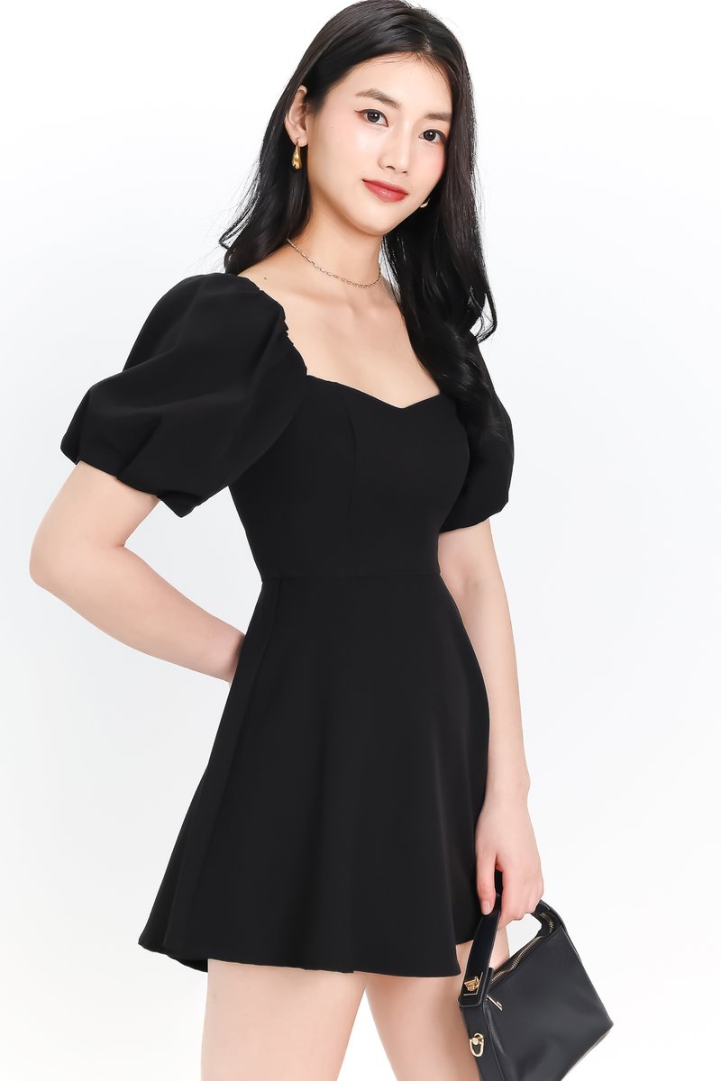 Penelope Puffy Sleeve Romper Dress in Black
