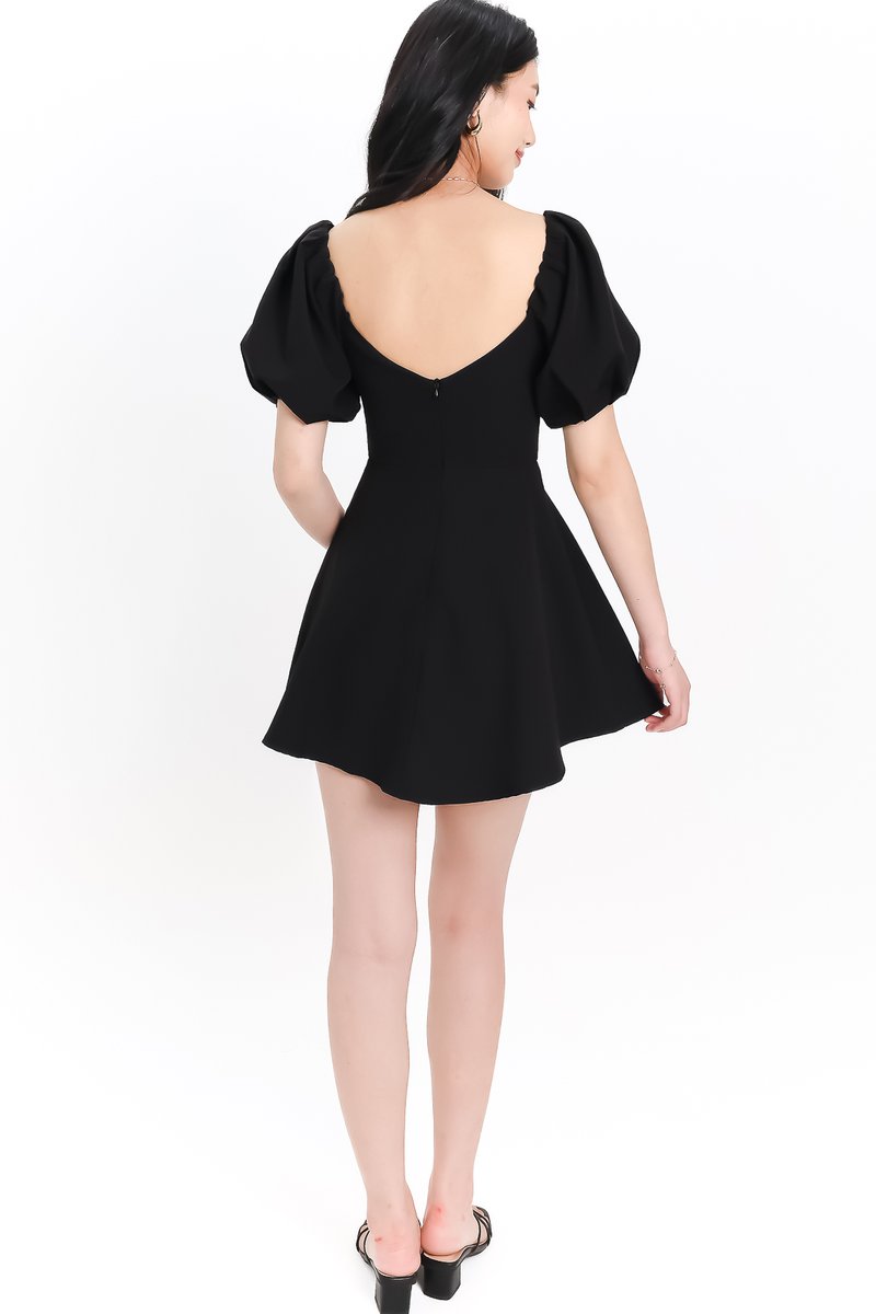 Penelope Puffy Sleeve Romper Dress in Black
