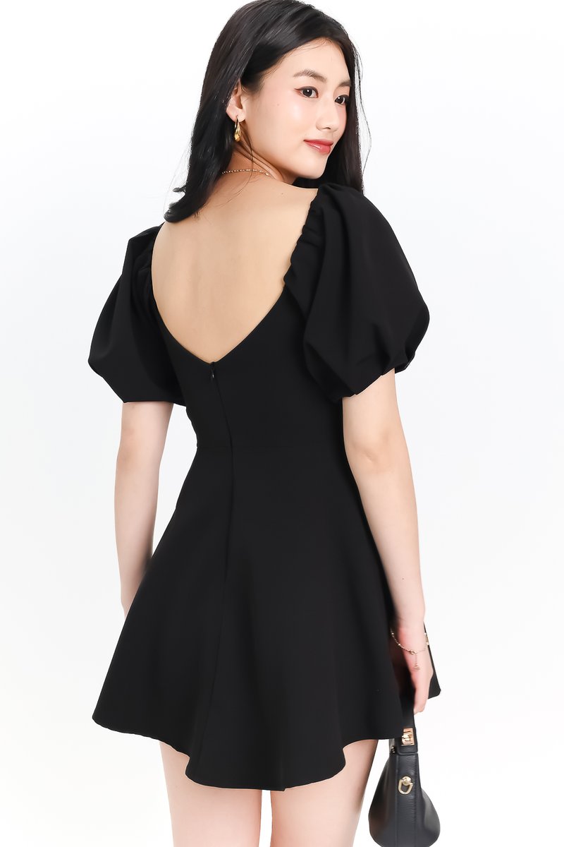 Penelope Puffy Sleeve Romper Dress in Black