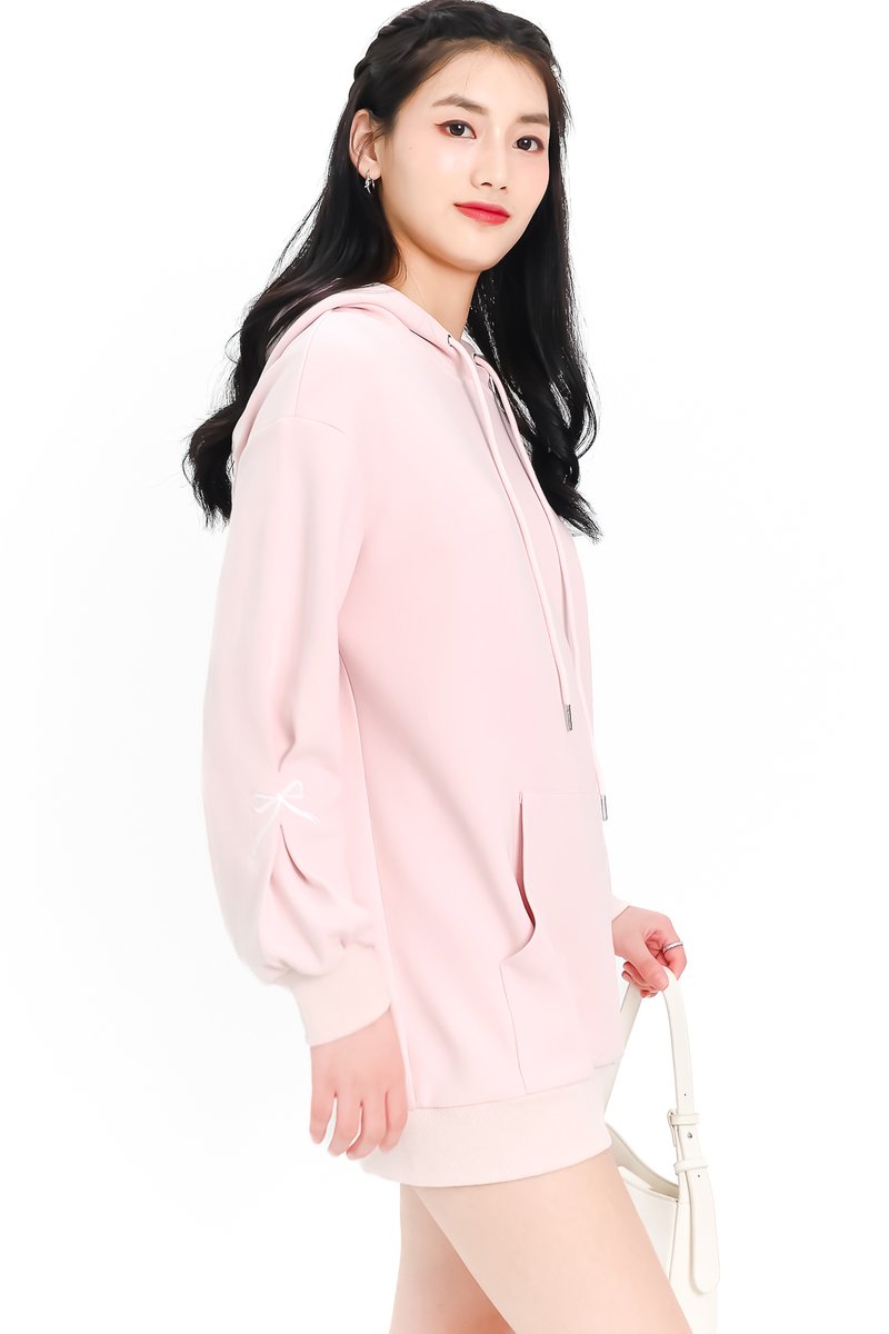 DEFECT | Reyla Ribbon Embroidered Hoodie in Light Pastel Pink in XS DEFECT | Reyla Ribbon Embroidered Hoodie in Light Pastel Pink in XS