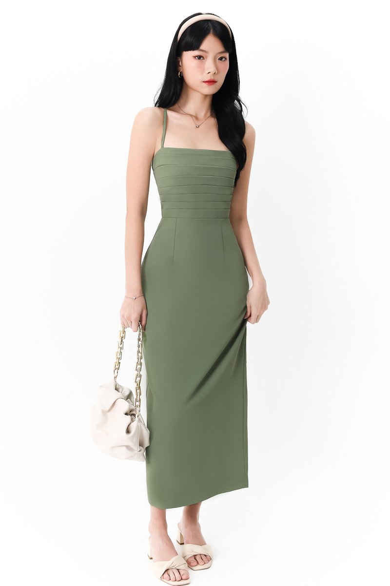 Caitlin Cross Back Pleat Maxi in Green