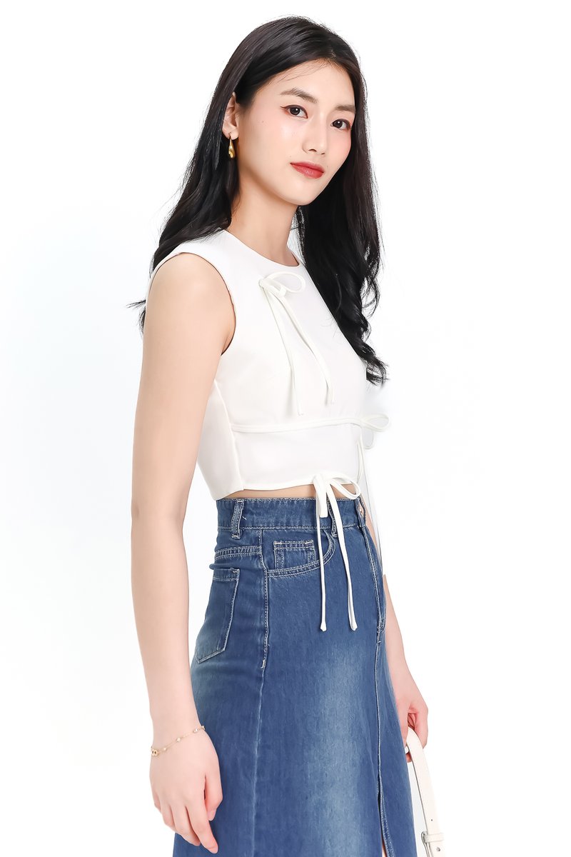 Brynn Bow Sleeveless Top in White