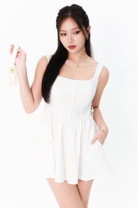 Layna Laced Up Petite Romper Dress in White Layna Laced Up Petite Romper Dress in White