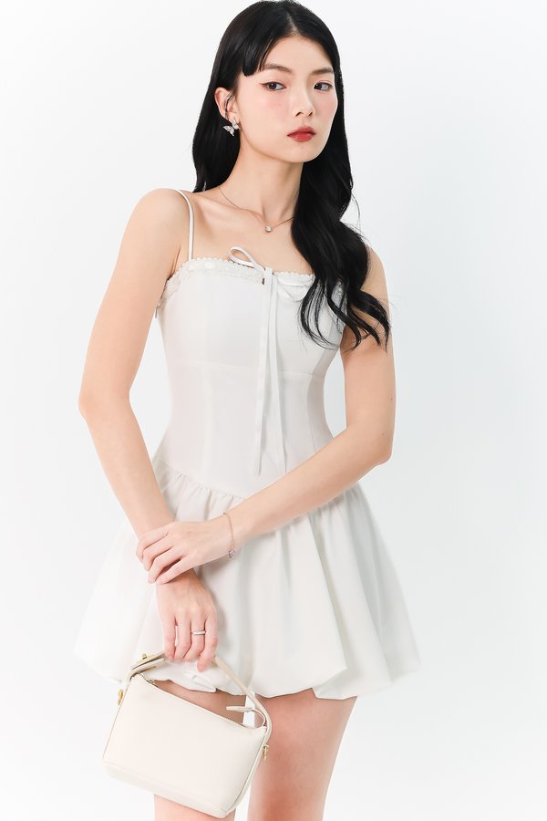 Brenna Bubble Hem Tie Romper Dress in White 