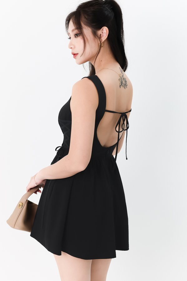 Layna Laced Up Petite Romper Dress in Black