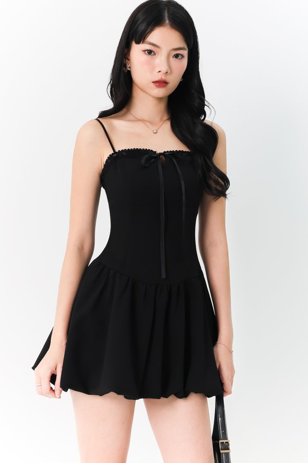 DEFECT | Brenna Bubble Hem Tie Romper Dress in Black in S