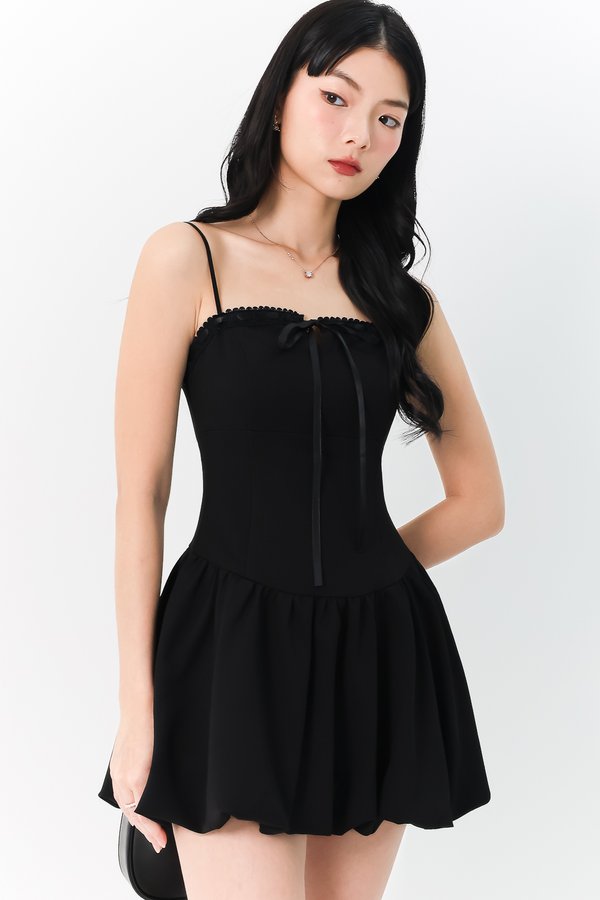 Brenna Bubble Hem Tie Romper Dress in Black 