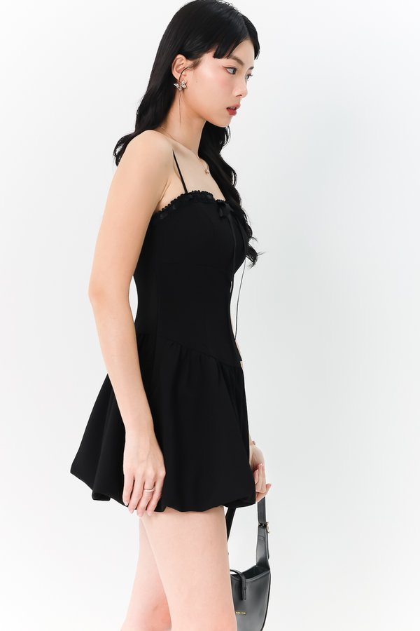 DEFECT | Brenna Bubble Hem Tie Romper Dress in Black in S