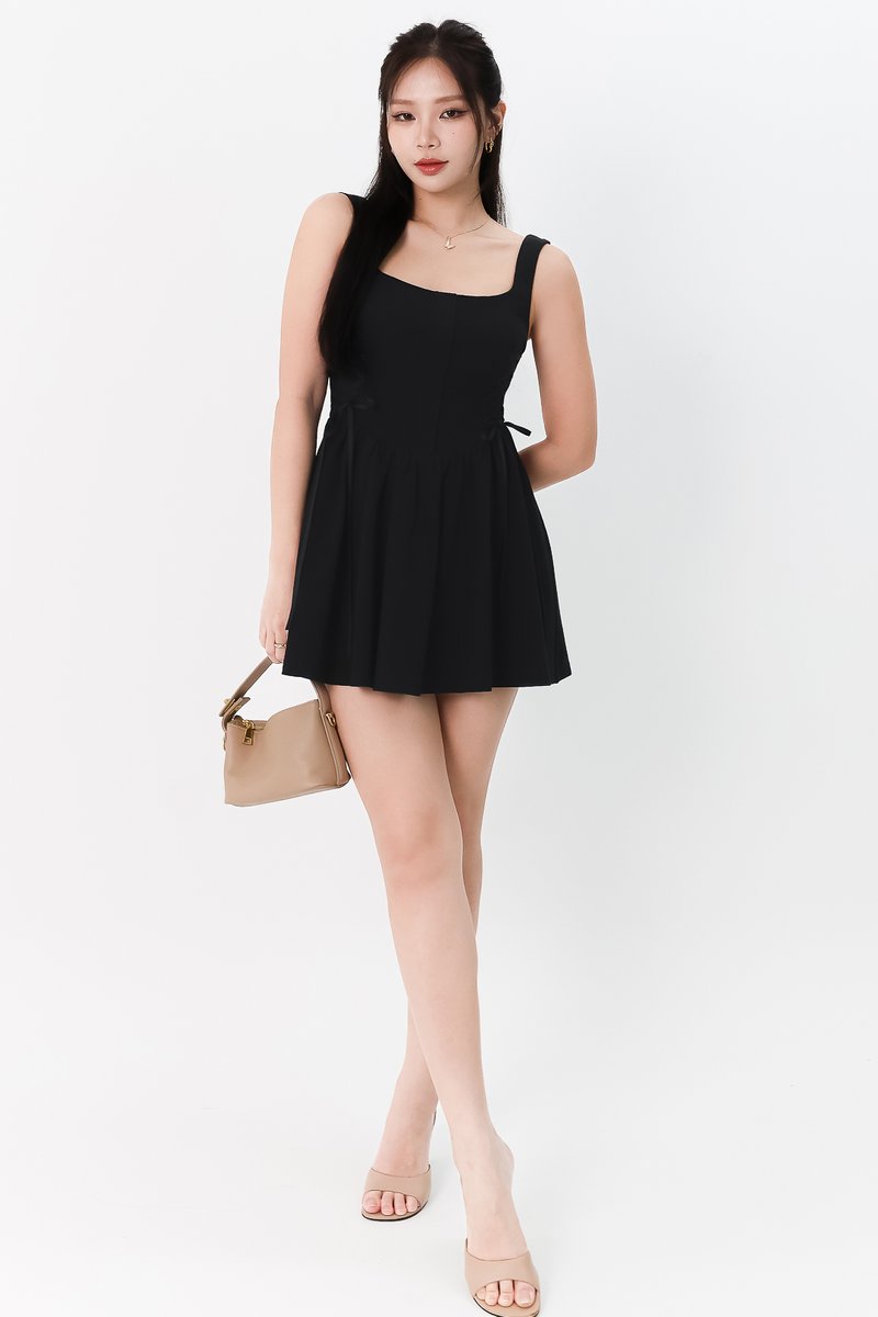 Layna Laced Up Petite Romper Dress in Black