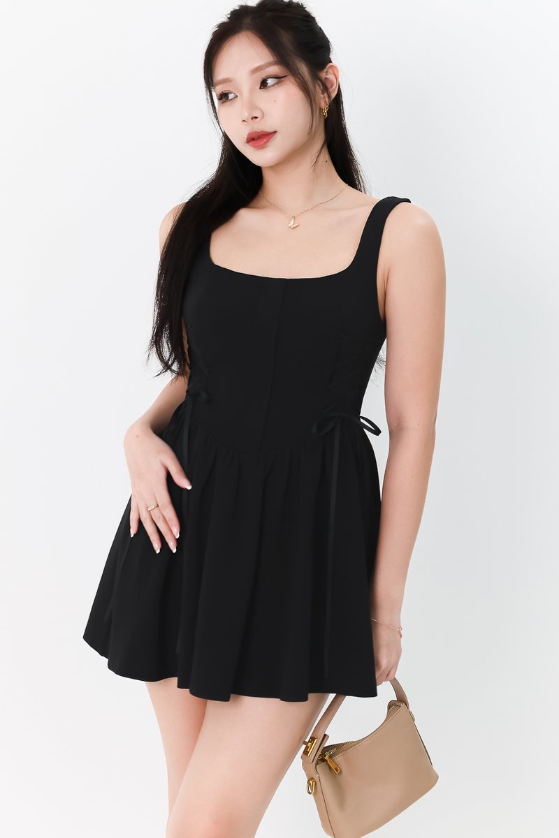 Layna Laced Up Petite Romper Dress in Black