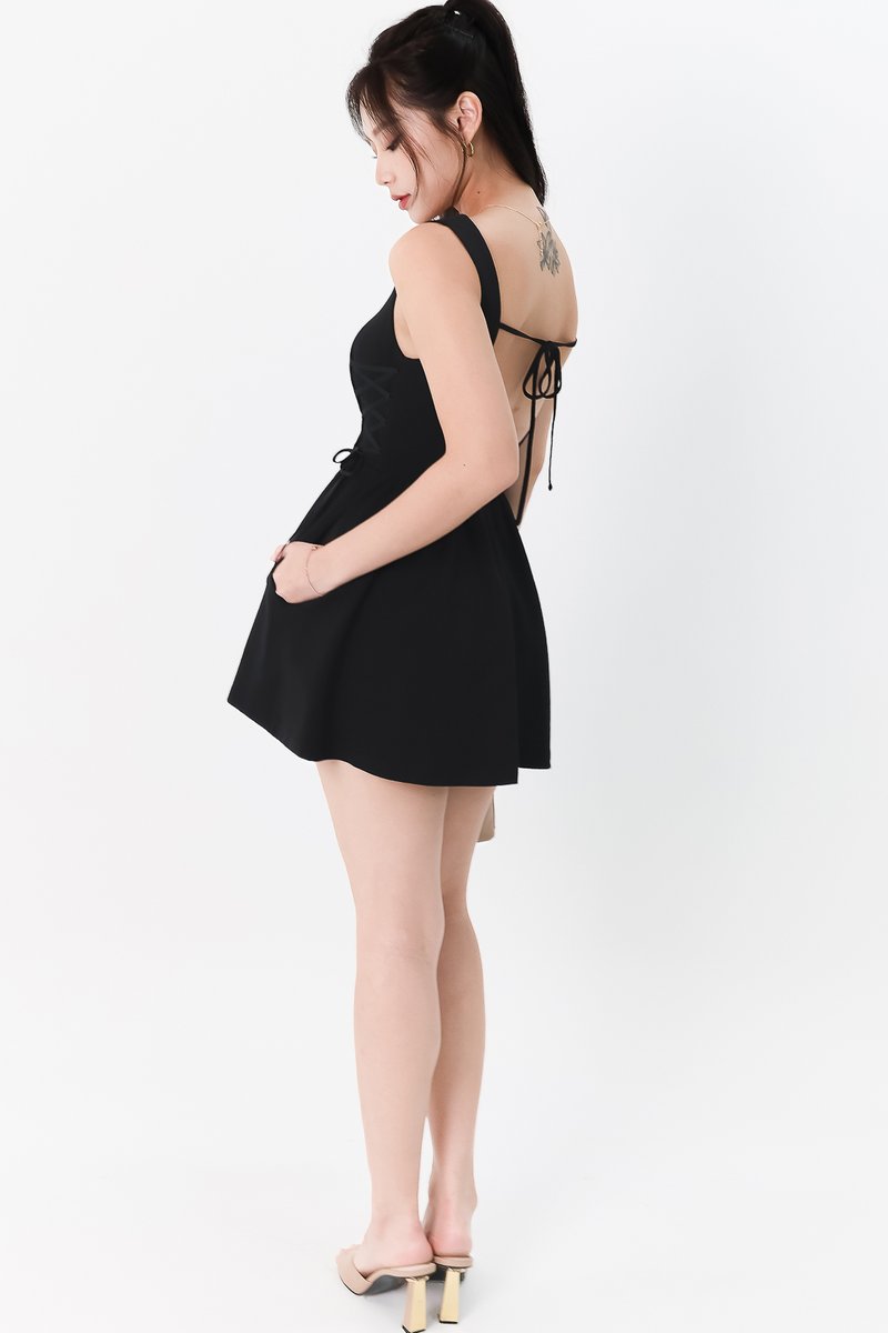 Layna Laced Up Petite Romper Dress in Black