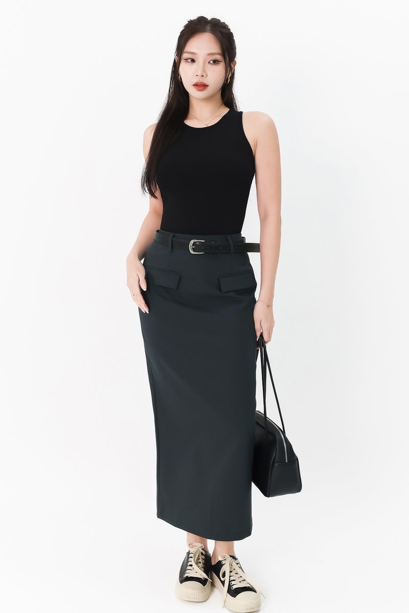 Bran Belted Midaxi Skirt in Dark Teal Grey