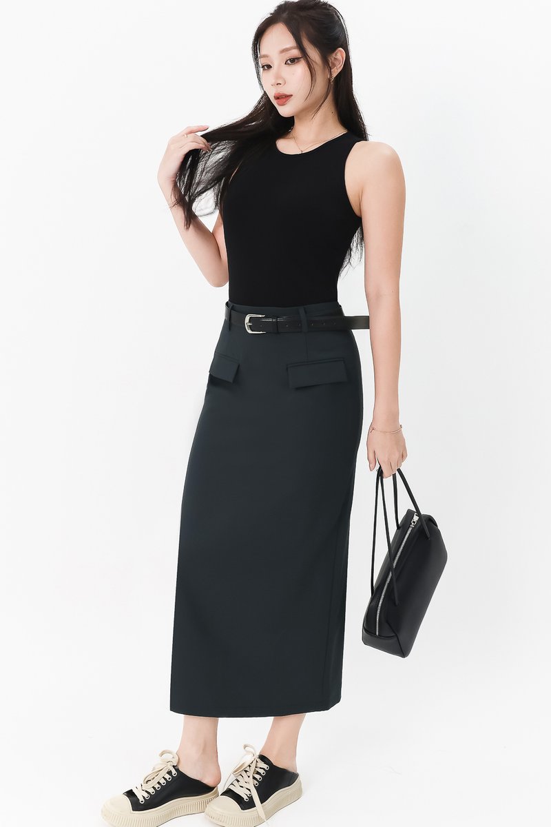 Bran Belted Midaxi Skirt in Dark Teal Grey