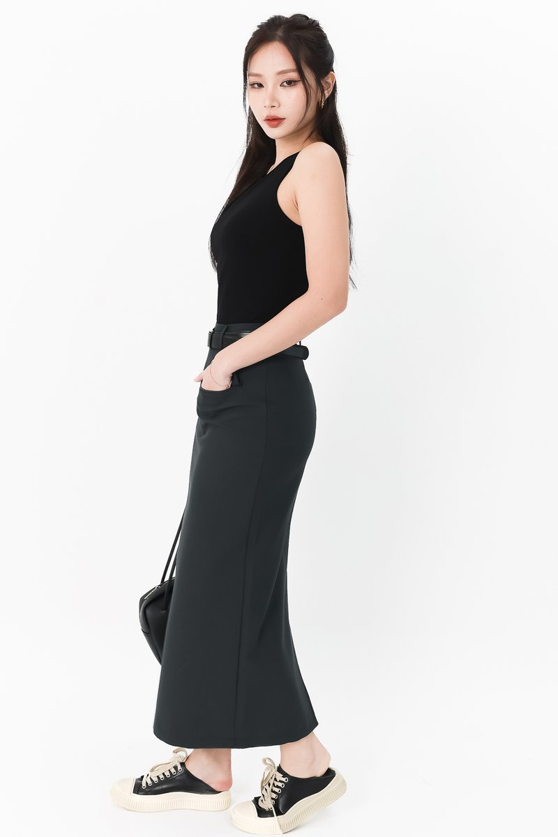 Bran Belted Midaxi Skirt in Dark Teal Grey