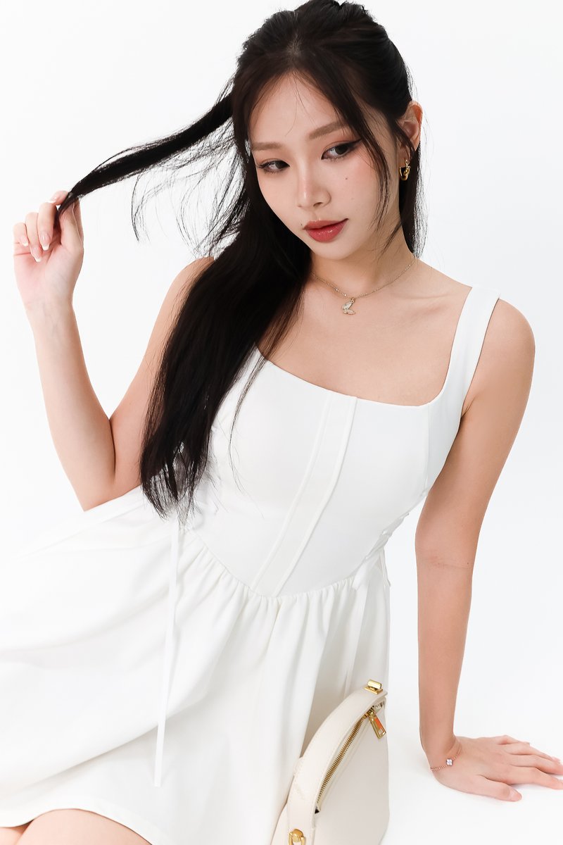 DEFECT | Layna Laced Up Petite Romper Dress in White in XXS