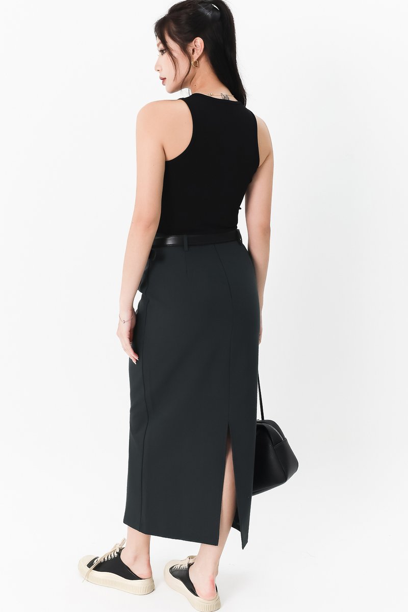Bran Belted Midaxi Skirt in Dark Teal Grey