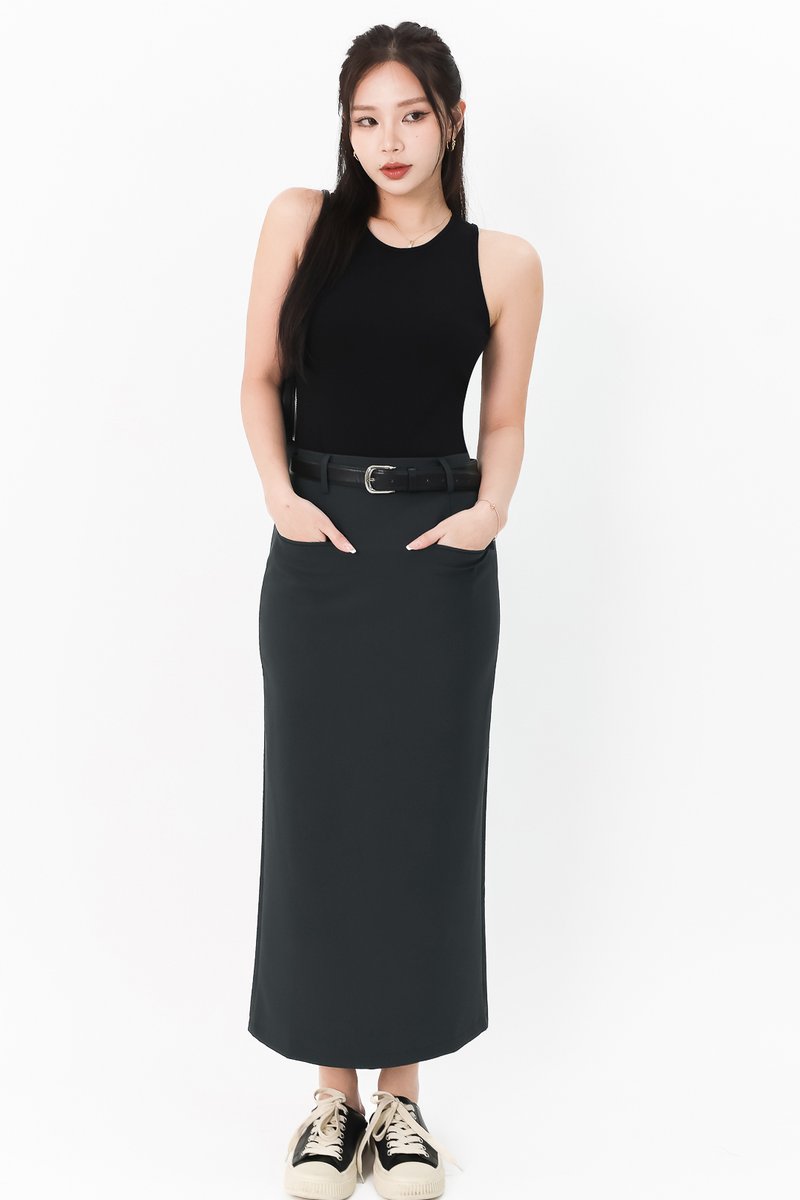 Bran Belted Midaxi Skirt in Dark Teal Grey