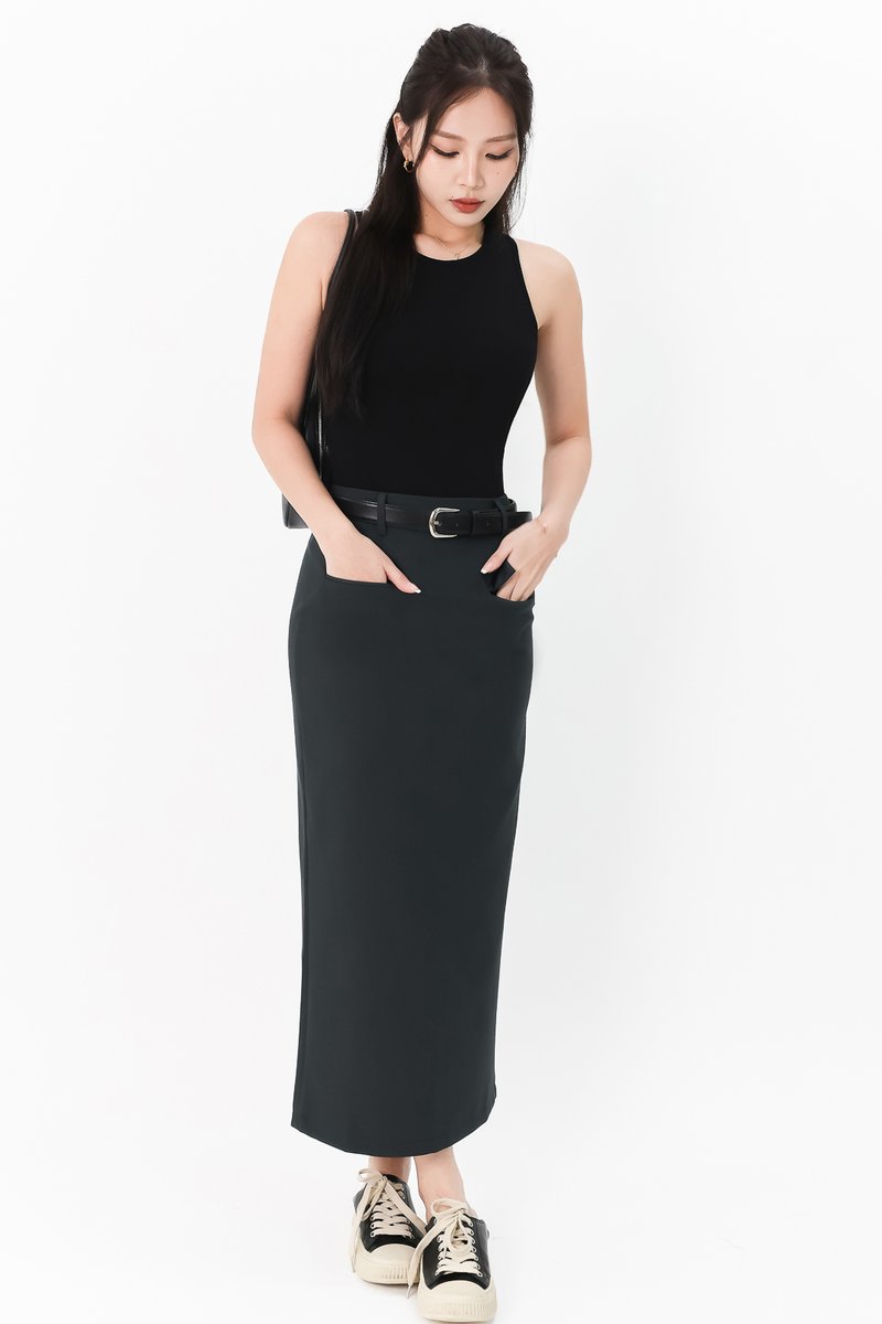 Bran Belted Midaxi Skirt in Dark Teal Grey