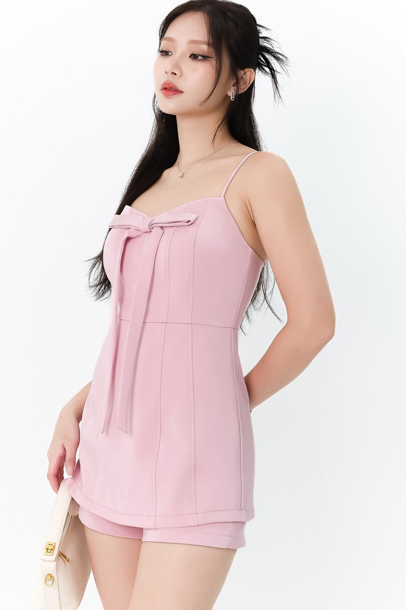 RESTOCK | Raelyn Ribbon Peplum Romper in Pink