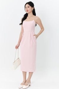 Prestine Pleat Midi Dress in Pastel Pink
