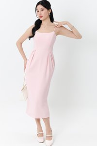 Prestine Pleat Midi Dress in Pastel Pink