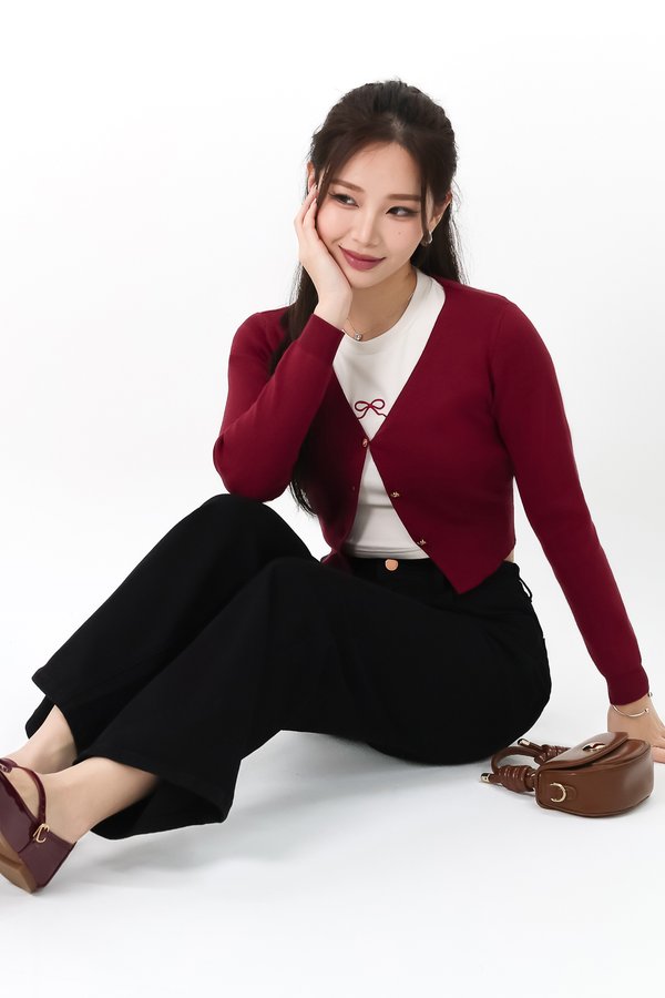 Brie Button Knit Cardigan in Dark Cool Red