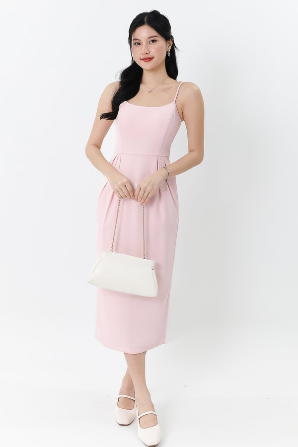 Prestine Pleat Midi Dress in Pastel Pink