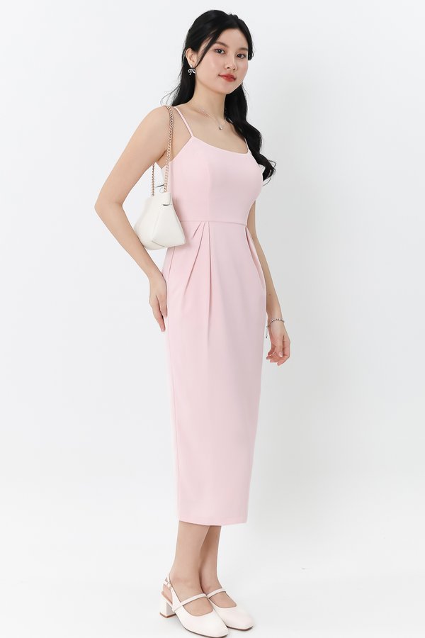 DEFECT| Prestine Pleat Midi Dress in Pastel Pink in XXS